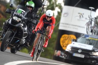 Evelyn Stevens (USA) follows the white line in the centre of the road