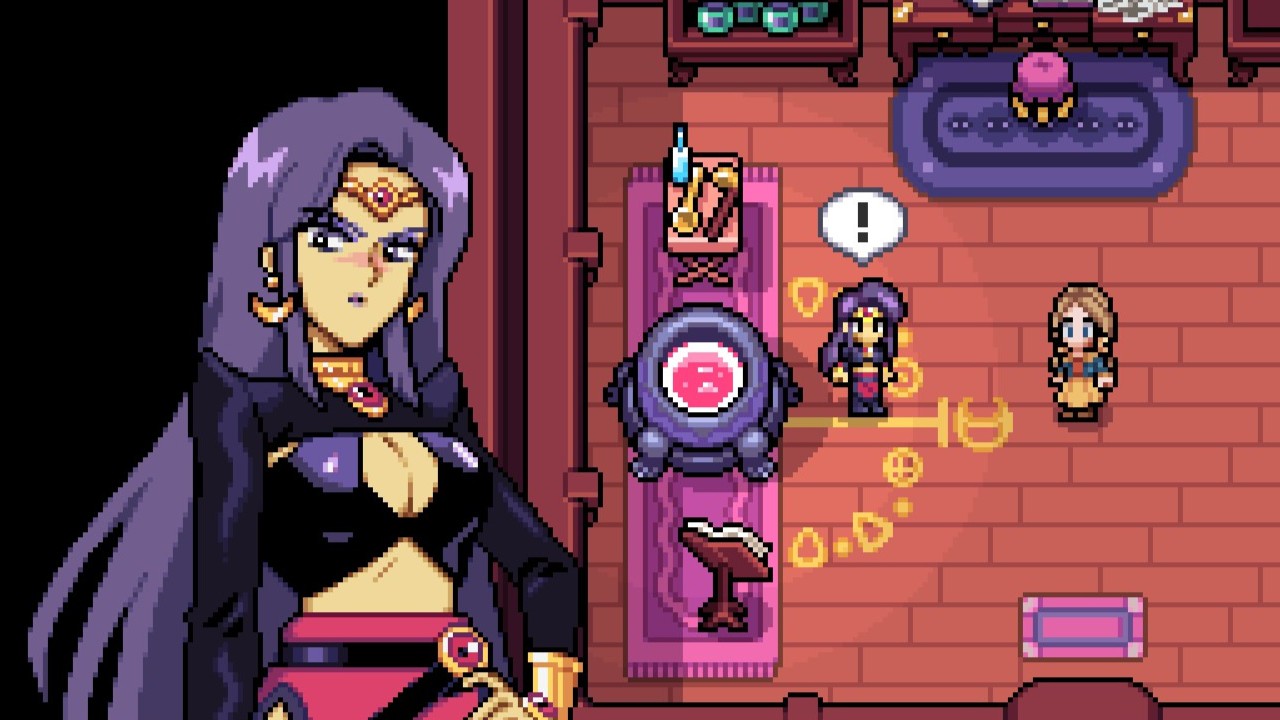 Fields of Mistria - Juniper looks embarassed in her room talking to the main character