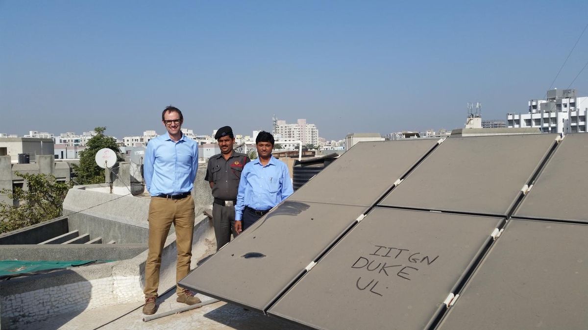 Air pollution has covered solar panels at a university with grime.