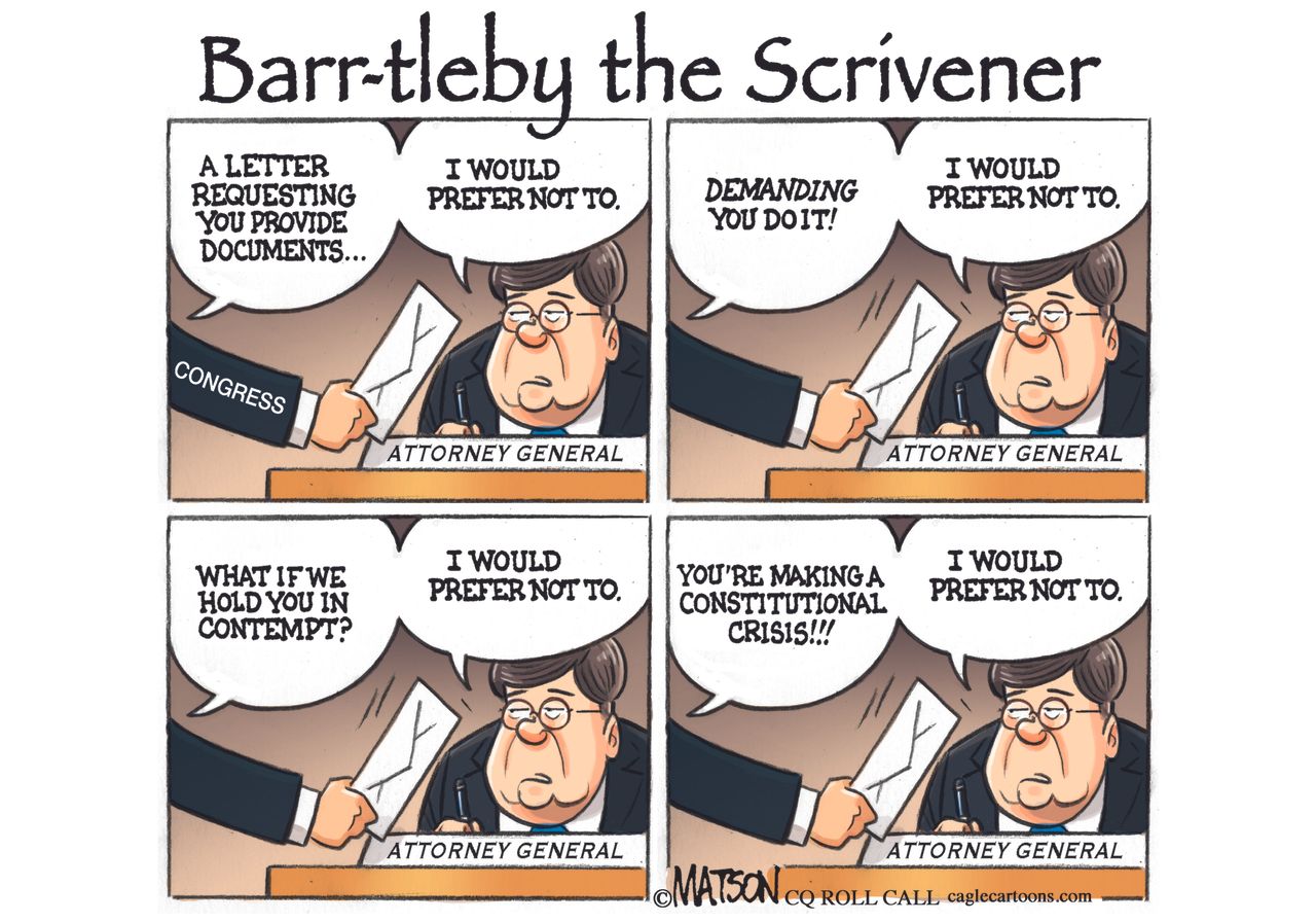 Political Cartoon U.S. AG Barr Bartleby the Scrivener Melville