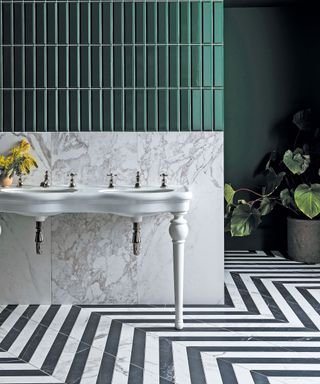 Bathroom tile with black and white floor tiles and green wall tiles