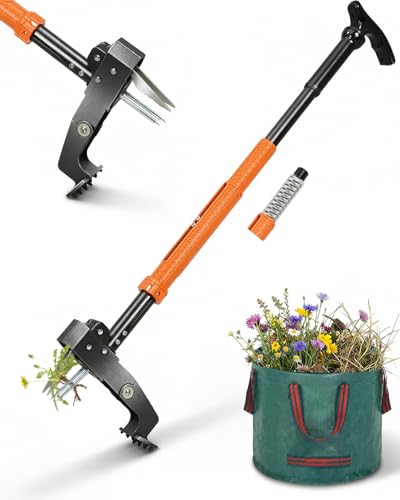 Faueti Weed Puller, Weed Remover Tool With 91-118cm Adjustable Long Handle Ejector Mechanism, 4 Claws Stand Up Garden Weed Root Remover 50l Leaf Bag, Heavy Duty Weeding Tools for Dandelion (orange)