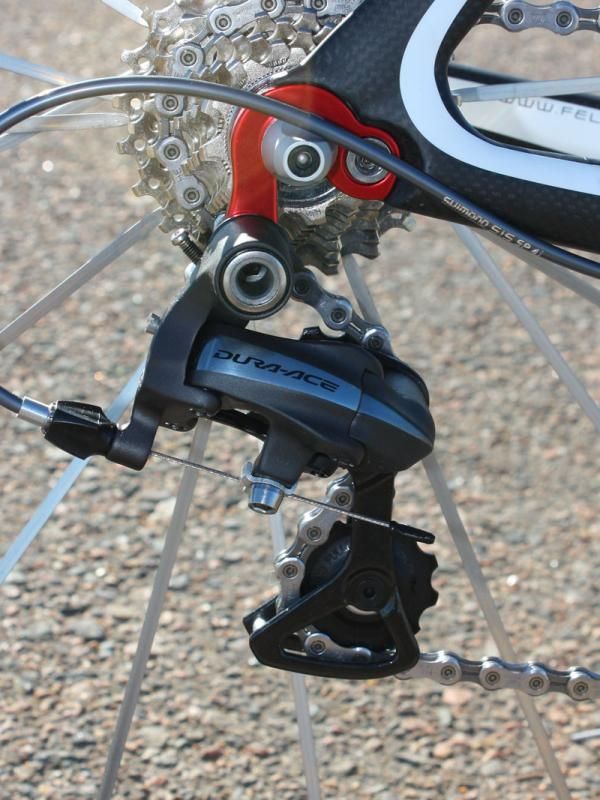 The Dura-Ace rear derailleur is affixed to a replaceable hanger
