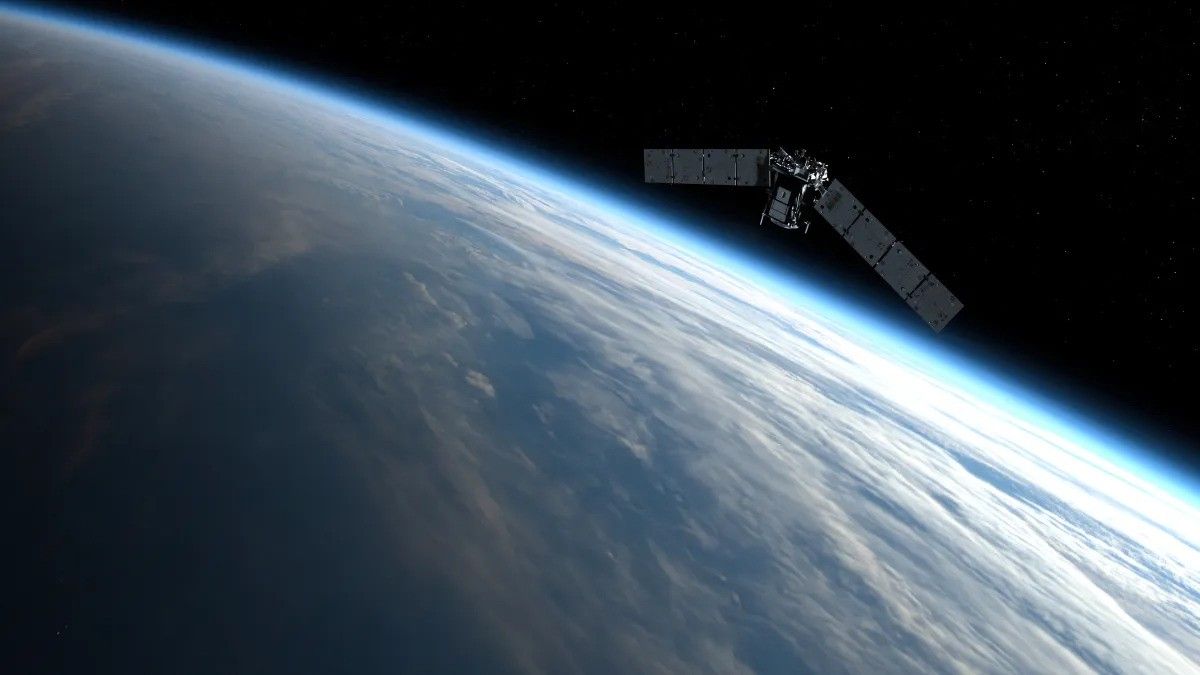 An artist&#039;s impression of the TIMED spacecraft scanning Earth in orbit.