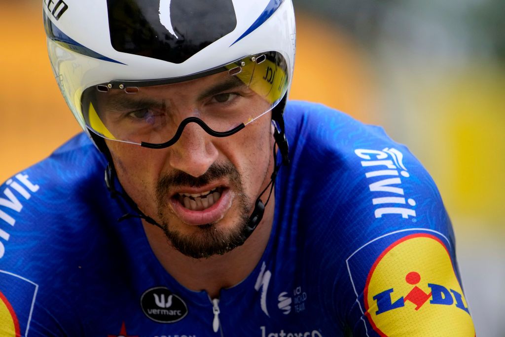 LAVAL ESPACE MAYENNE FRANCE JUNE 30 Julian Alaphilippe of France and Team Deceuninck QuickStep at arrival during the 108th Tour de France 2021 Stage 5 a 272km Individual Time Trial stage from Chang to Laval Espace Mayenne 90m ITT LeTour TDF2021 on June 30 2021 in Laval Espace Mayenne France Photo by Christophe Ena PoolGetty Images
