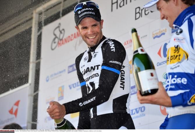 Luka Mezgec enjoys a laugh on the podium