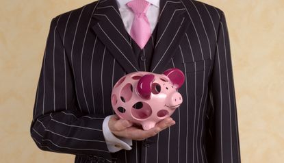 Banker/financial advisor carrying out investment scams with holey piggy bank