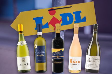 Lidl sign with wine bottles in front
