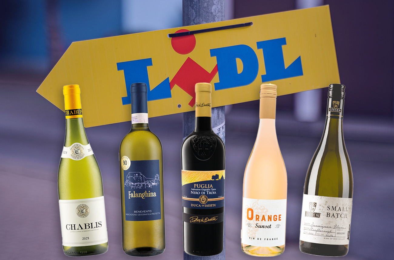 Lidl sign with wine bottles in front