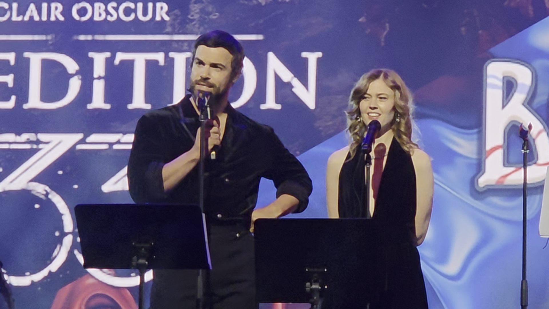 Ben Starr and Jennifer English being clowned upon Jimbo-style at Austin Wintory's third annual GDC concert in 2026.