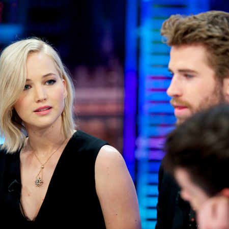 Jennifer Lawrence, Liam Hemsworth and Josh Hutcherson attend 'El Hormiguero' Tv show at Vertice Studio on November 26, 2015 in Madrid, Spain.