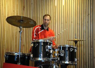 Petr Cech playing the drums at the refurbished Arsenal Foundation Music Therapy Room in May 2017.