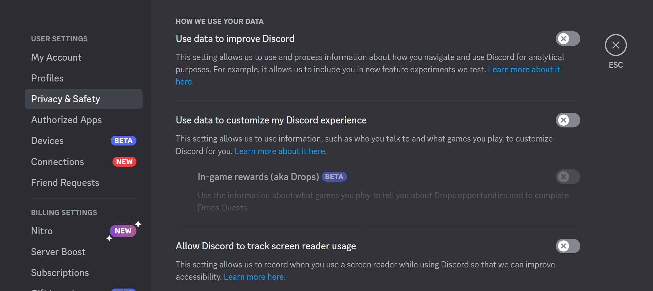 Screenshot van de privacyinstellingen van Discord