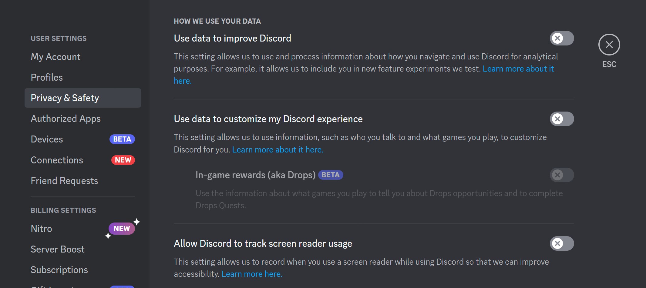 Snímka obrazovky nastavení ochrany osobných údajov Discord