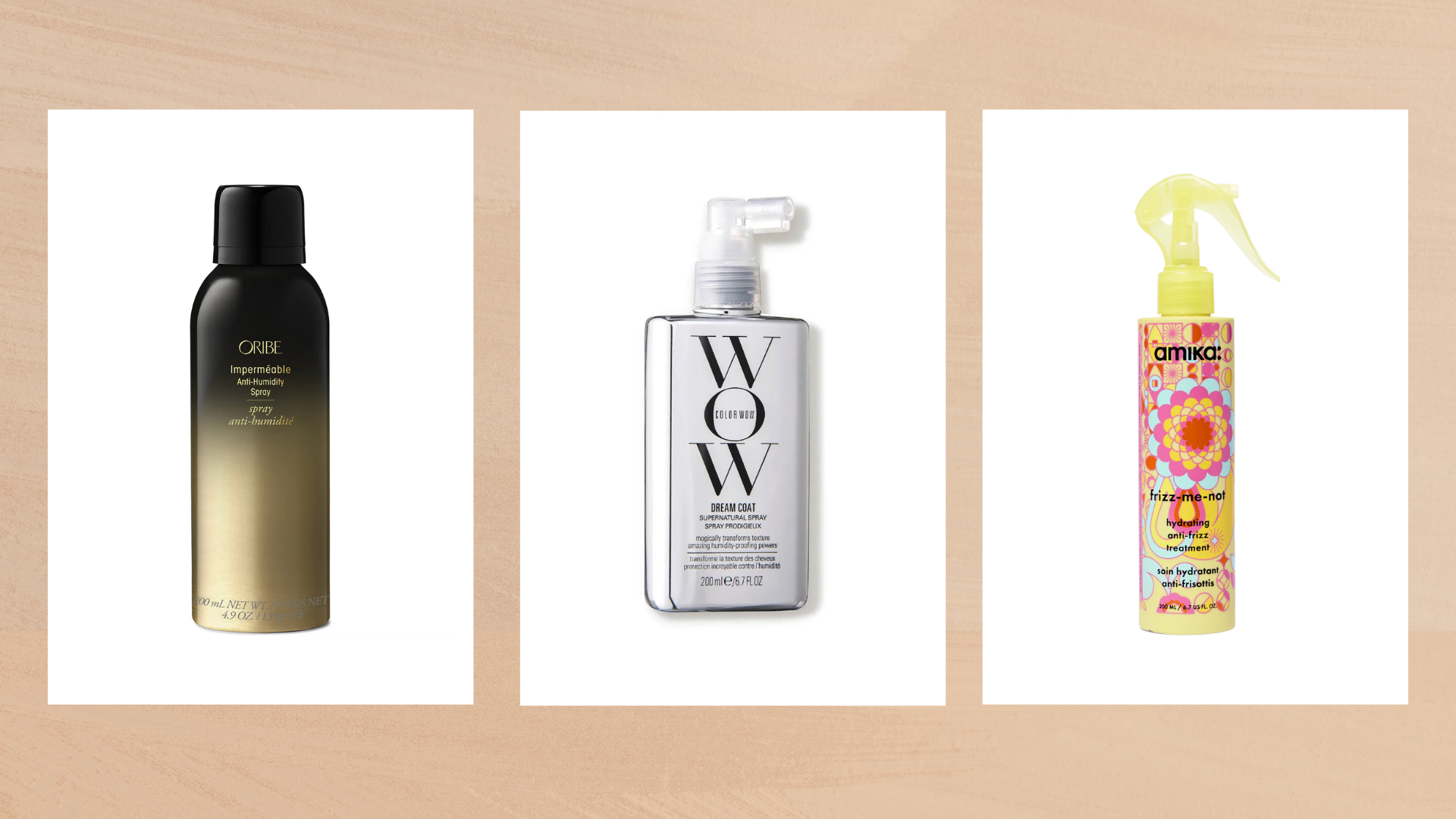 Collage of three of the best hair products for humidity from (left to right) Oribe, Color Wow and Amika, set in vertical white boxes against a beige watercolour-style background