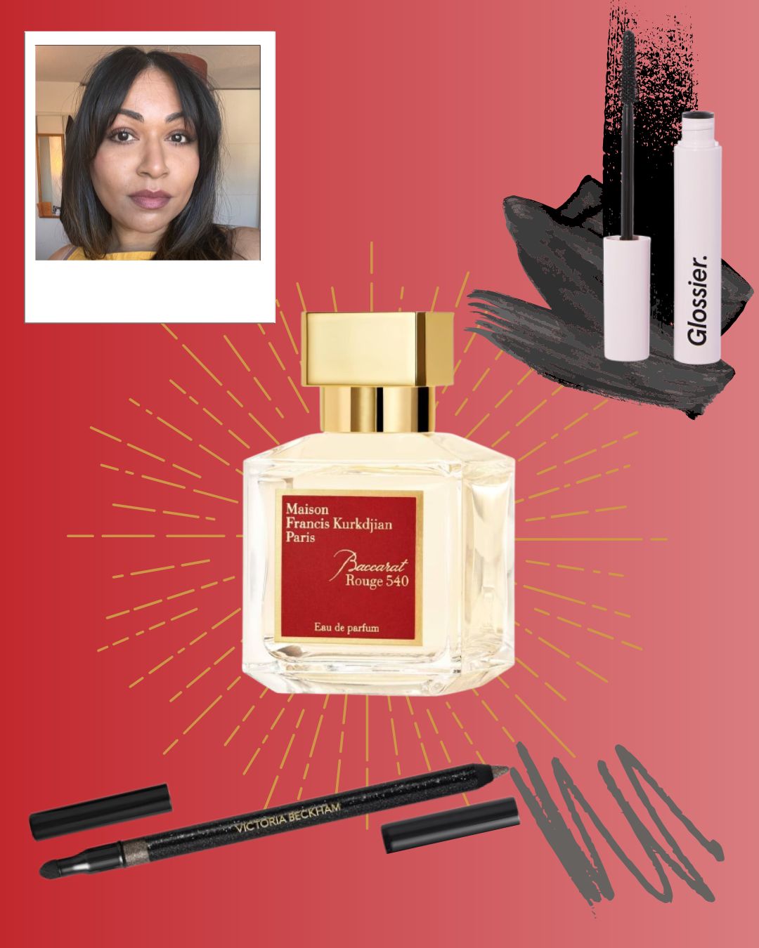 an image of Aleesha&#039;s christmas beauty gift picks on an ombre red background