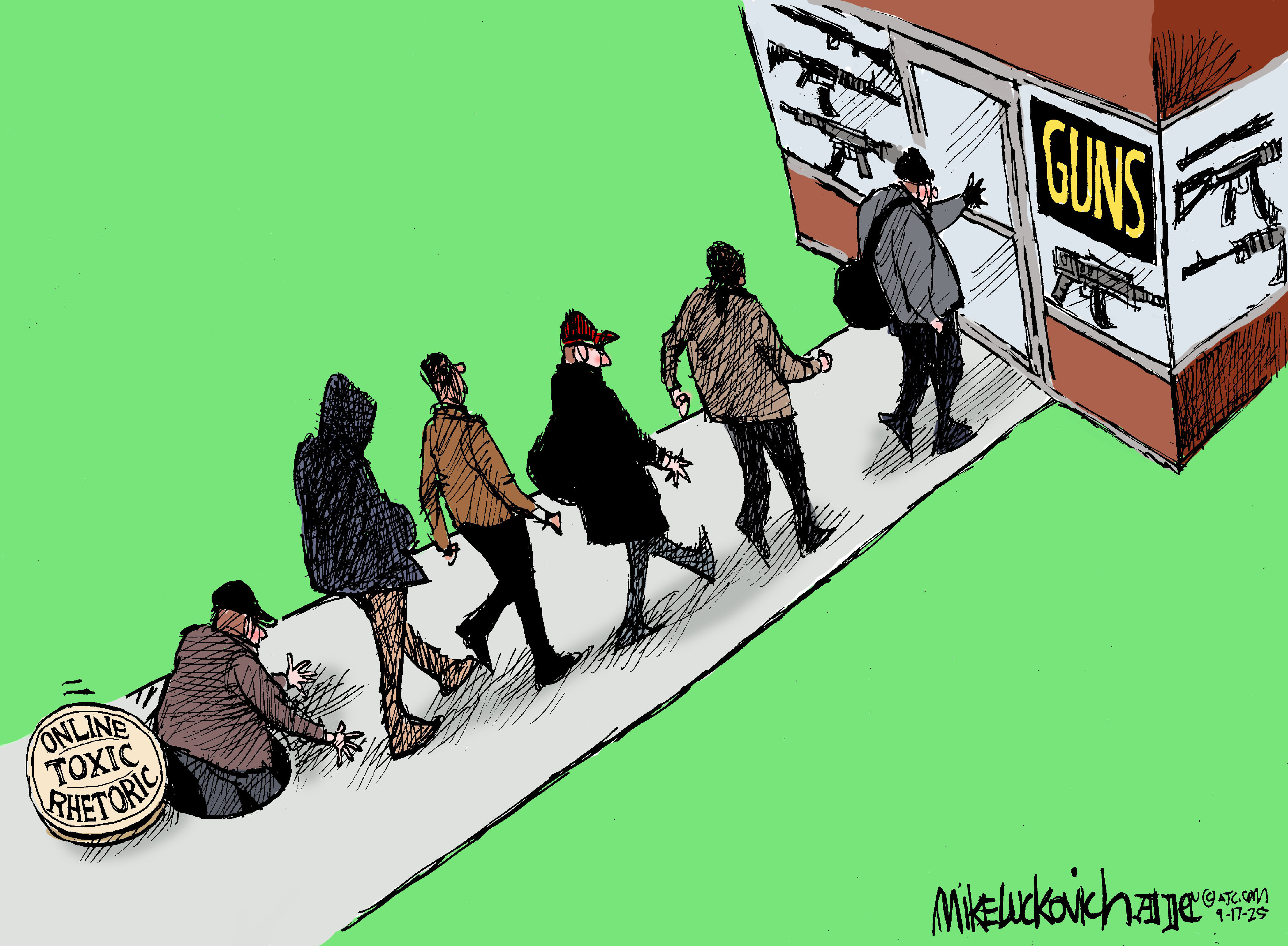This political cartoon depicts a line of men in dark-colored clothing heading into a gun store. All of them have climbed out of a manhole labeled &amp;ldquo;Online Toxic Rhetoric.&amp;rdquo;