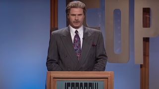 Will Ferrell stands at a Jeopardy podium dressed as Alex Trebek on Saturday Night Live.