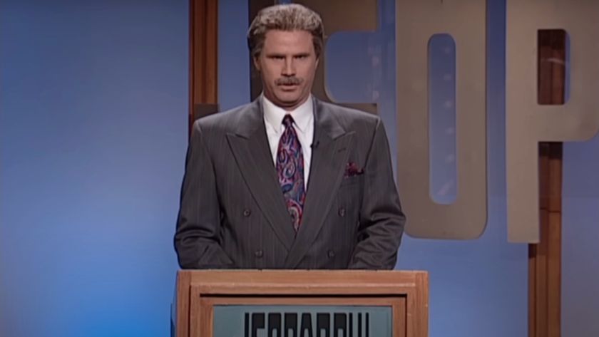 Will Ferrell stands at a Jeopardy podium dressed as Alex Trebek on Saturday Night Live.