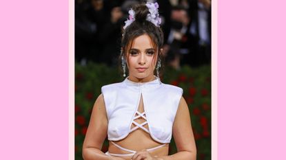 Camila Cabello wears a white cut out gown as she attends The 2022 Met Gala Celebrating "In America: An Anthology of Fashion" at The Metropolitan Museum of Art on May 02, 2022 in New York City/ on a pink background
