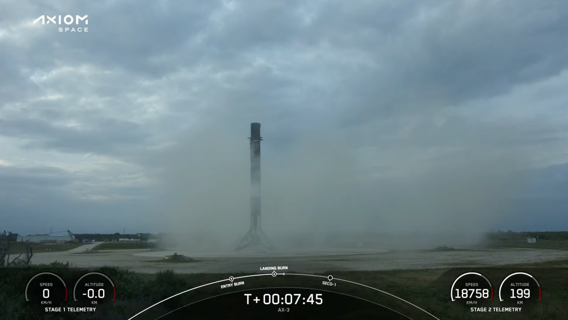 a black and white rocket sits on a landing pad, with a wispy cloud of dust and exhaust around it.