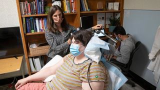 Sarah, a patient in a clinical trial, at an appointment with Katherine Scangos, MD, PhD, at UCSF’s Langley Porter Psychiatric Institute