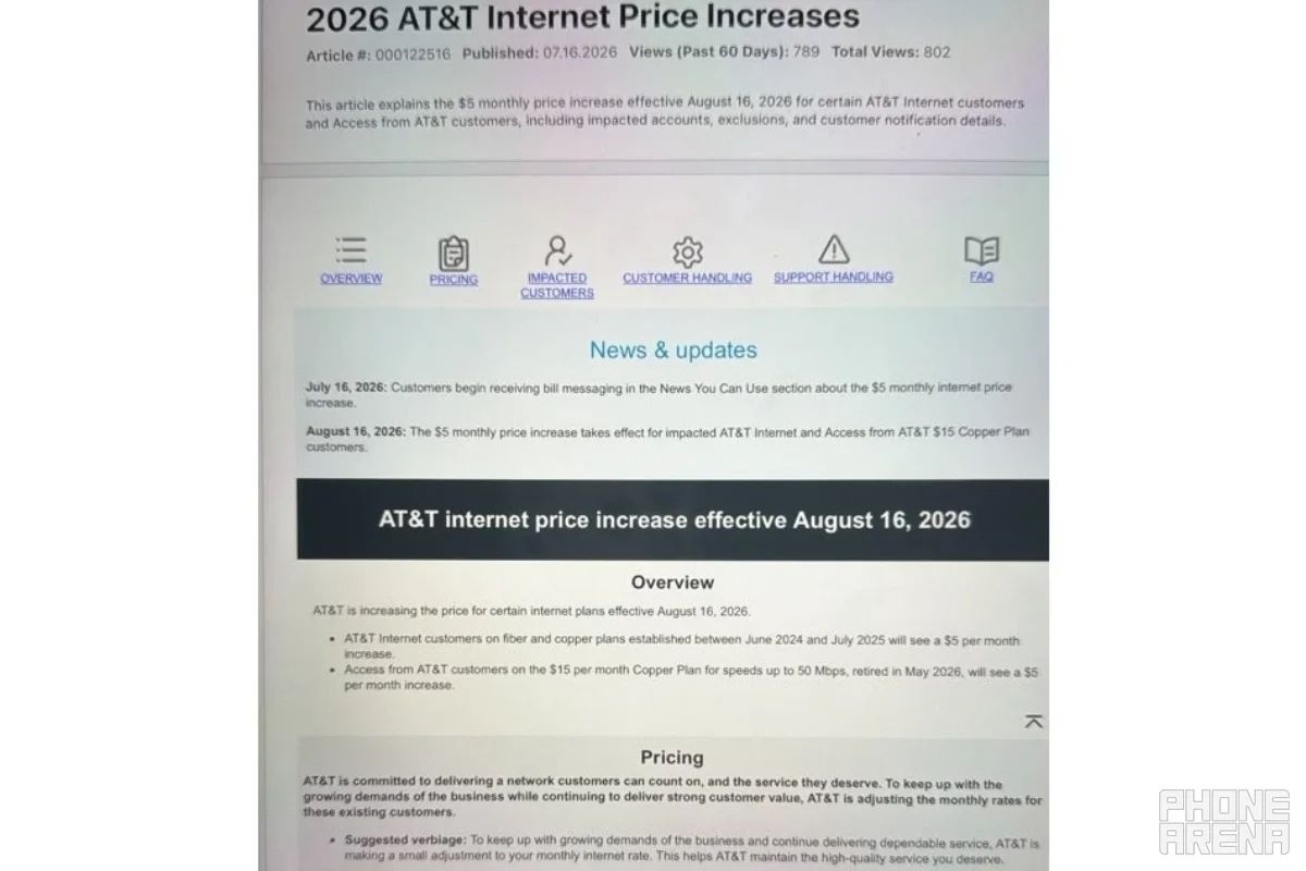 internal documents showing AT&amp;T's planned price increase for internet services