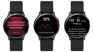 Tres renders de smartwatches mostrando diferentes pantallas de la aplicación de presión arterial de Samsung