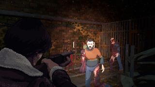 The player character points a pixel-shaded shotgun at a mutated townsperson in Holstin.