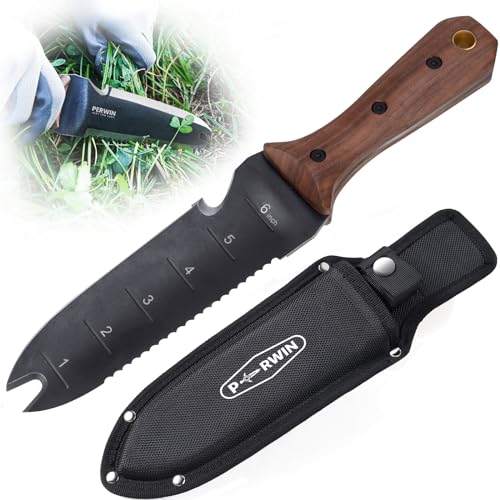 Perwin Hori Hori Garden Knife, Garden Tools With Sheath for Weeding, Planting, Digging, 7" Stainless Steel Blade With Cutting Edge, Full-Tang Walnut Wood Handle With Hanging Hole