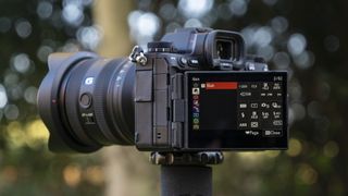 Rear of the Sony A9 III camera outside with LCD screen folded away