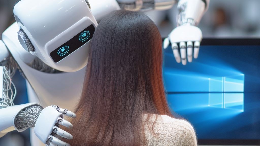 Bing-KI-Bild eines Roboters, der eine Person daran hindert, den Computer zu benutzen