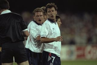 Paul Gascoigne and Bryan Robson during England's World Cup game against the Republic of Ireland in 1990.