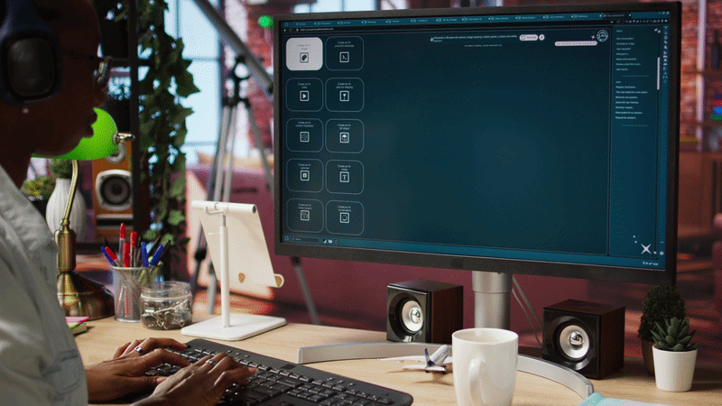Woman in apartment using AI software turning text prompt into photos, drinking coffee and listening music. African american person in cozy home uses text to image generative models on PC