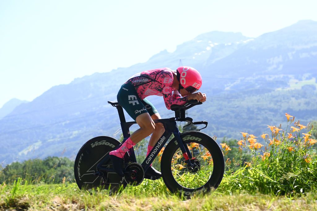 VADUZ LIECHTENSTEIN JUNE 19 Neilson Powless of United States and Team EF Education Easypost sprints during the 85th Tour de Suisse 2022 Stage 8 a 256km individual time trial stage from Vaduz to Vaduz tourdesuisse2022 WorldTour ITT on June 19 2022 in Vaduz Liechtenstein Photo by Tim de WaeleGetty Images