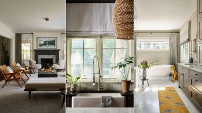 Three spaces designed by House of Funk: a living room, a kitchen sink, and a primary bathroom