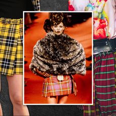 Graphic of fashion history's best plaid skirts from Alexander McQueen, Vivienne Westwood, and Chopova Lowena