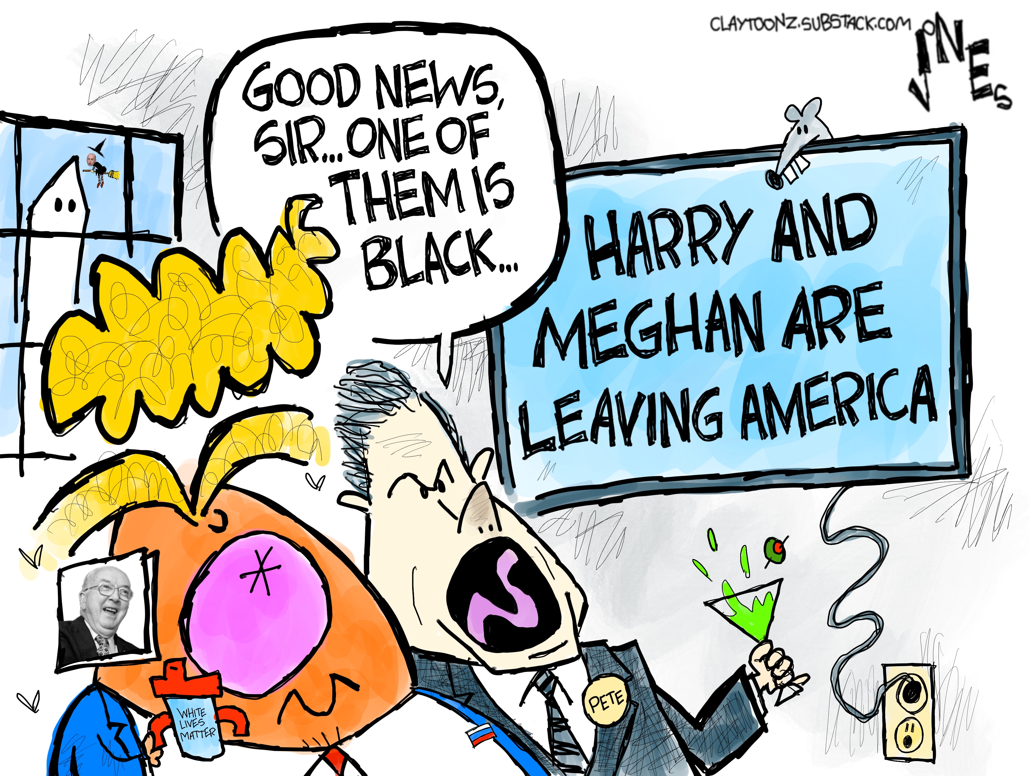 Pete Hegseth holds a martini glass and watches TV with Donald Trump, who has a &amp;ldquo;White Lives Matter&amp;rdquo; sippy cup and photo of Jesse Helms. The headline on the screen reads, &amp;ldquo;Harry and Meghan are leaving America.&amp;rdquo; Hegseth says, &amp;ldquo;Good news sir&amp;hellip;one of them is black&amp;hellip;&amp;rdquo;