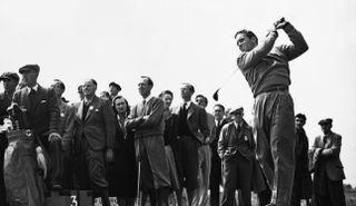 Frank Stranahan hits a tee shot at the 1948 Amateur event