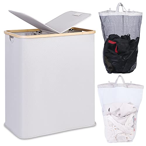Efluky 140l Laundry Baskets With Lid 2 Compartments, Large Laundry Hamper, Double Laundry Basket Laundry Storage With 2 Removable Bags, Light Grey