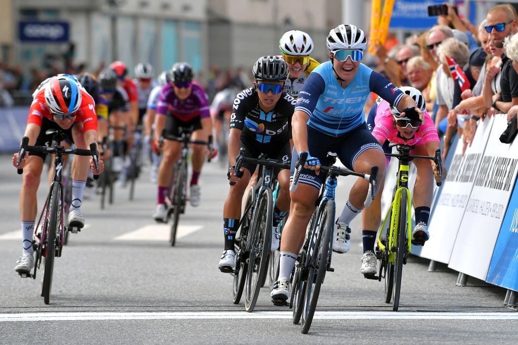 HALDEN NORWAY AUGUST 15 Chloe Hosking of Australia and Team Trek Segafredo celebrates winning stage ahead of Coryn Rivera of United States and Team DSM Women Chiara Consonni of Italy and Team Valcar Travel Service and Christine Majerus of Luxembourg and Team SD Worx during the 7th Ladies Tour Of Norway 2021 Stage 4 a 1416km stage from Drbak to Halden LTourOfNorway LTON21 UCIWWT on August 15 2021 in Halden Norway Photo by Luc ClaessenGetty Images