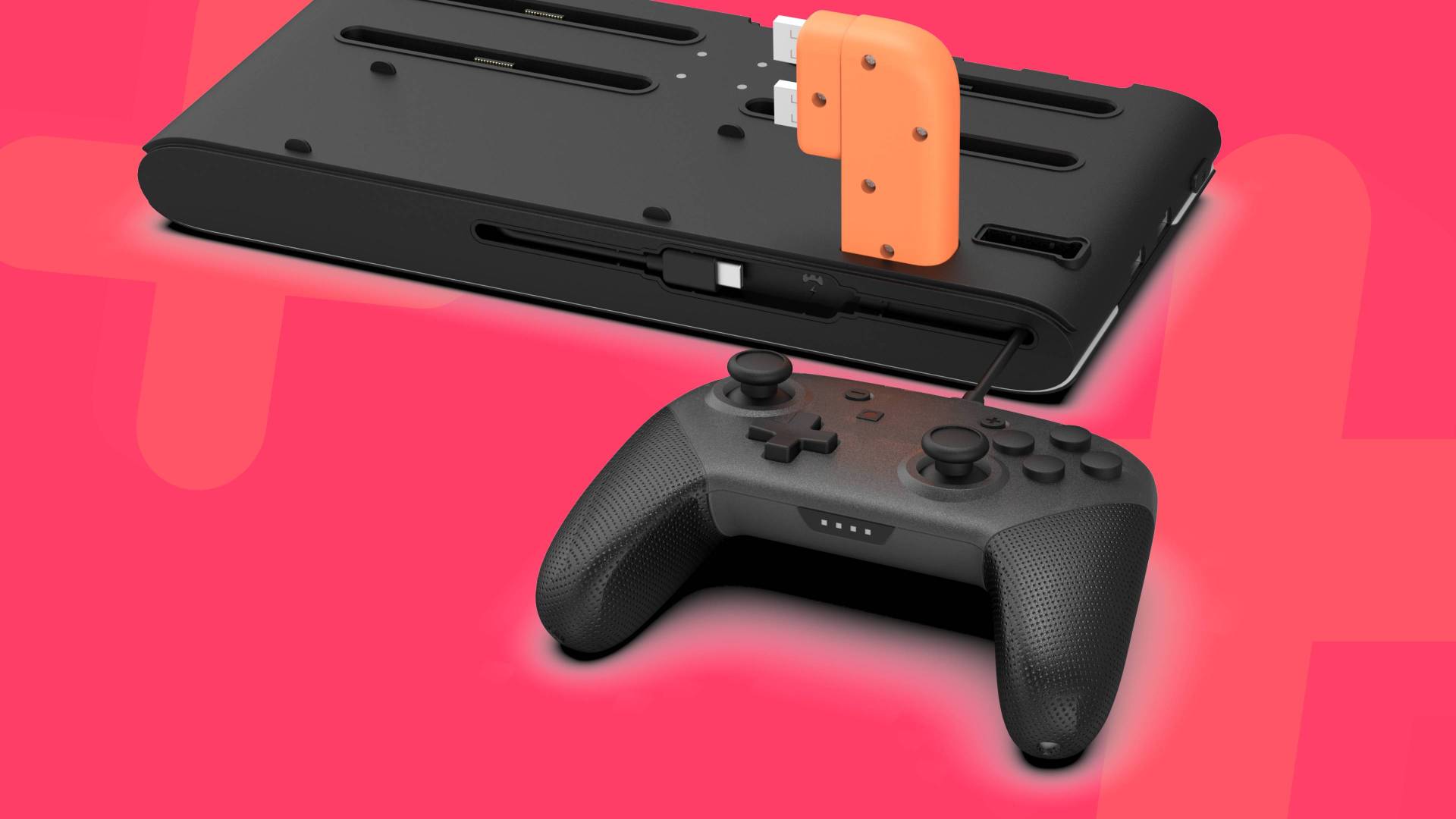 Official promo images of the DLX2 + LED Multi-Function Charge Stand, with a pink GamesRadar+ background.
