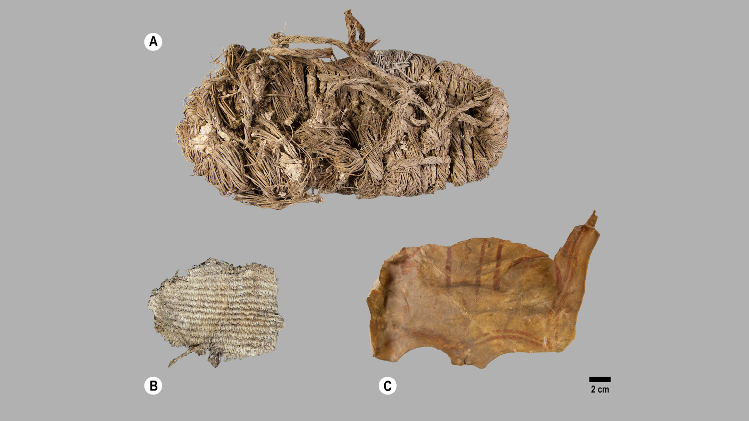 a grass shoe, a piece of basket, and a piece of leather