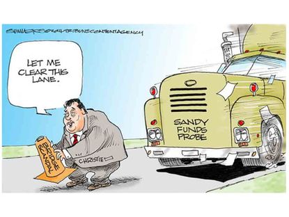 Political cartoon Christie bridge scandal Sandy