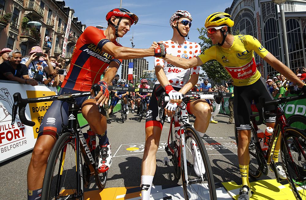 Giulio Ciccone (Trek-Segafredo) in the yellow jersey at the start of stage 7 at the Tour de France