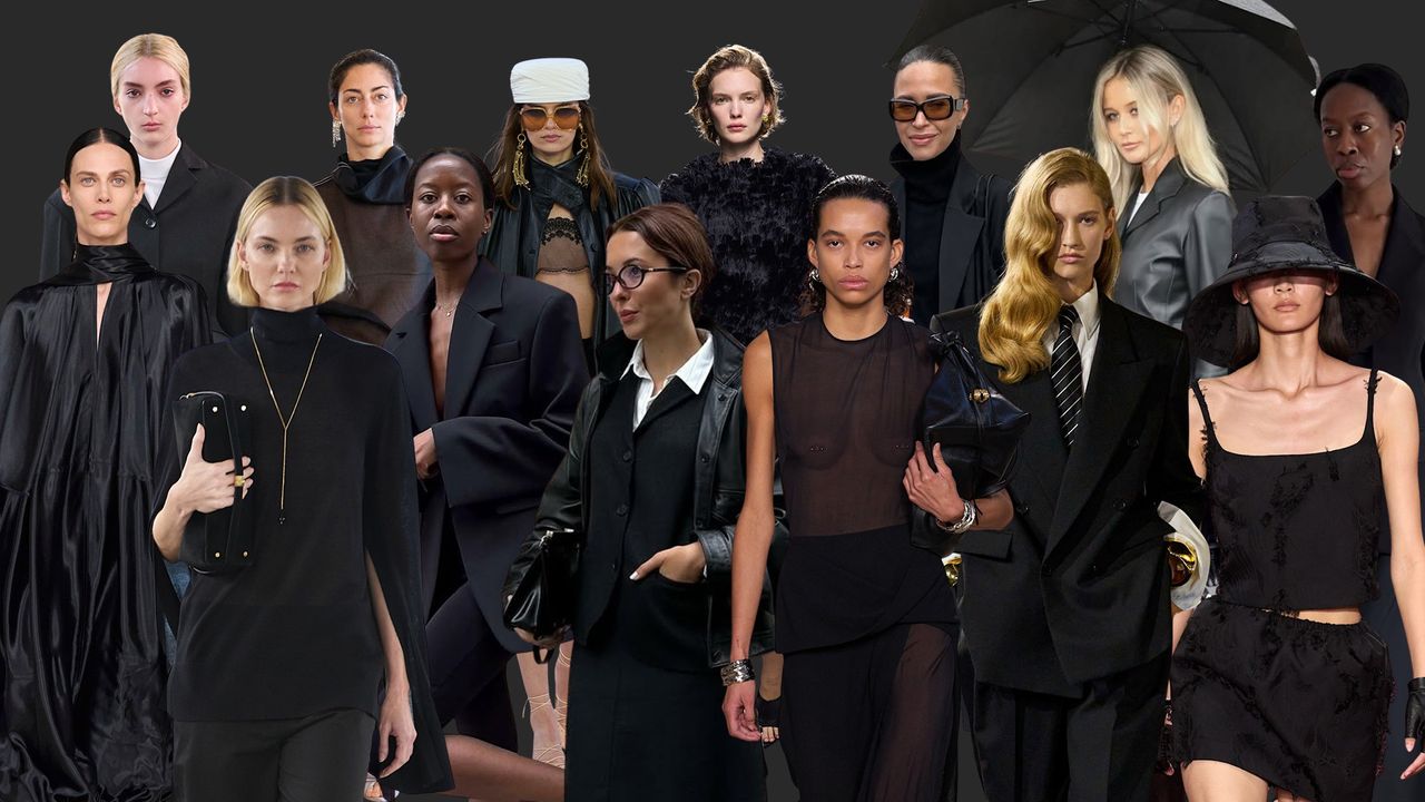 Collage of all black outfits on fashion influencers and on the spring/summer 2025 runways.