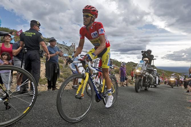 Race leader Alberto Contador (Tinkoff-Saxo) climbs La Camperona