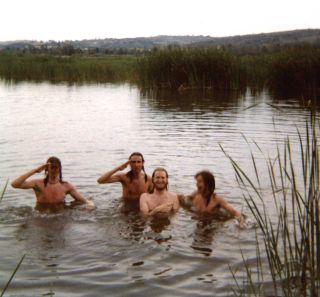 Happy The Men: Macphail (second right) skinny-dips with roadie Guy, Mike Rutherford and Tony Banks, Italy 1972