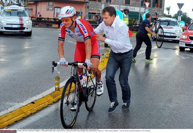 Eduard Vorganov (Katusha) gets going again after a crash