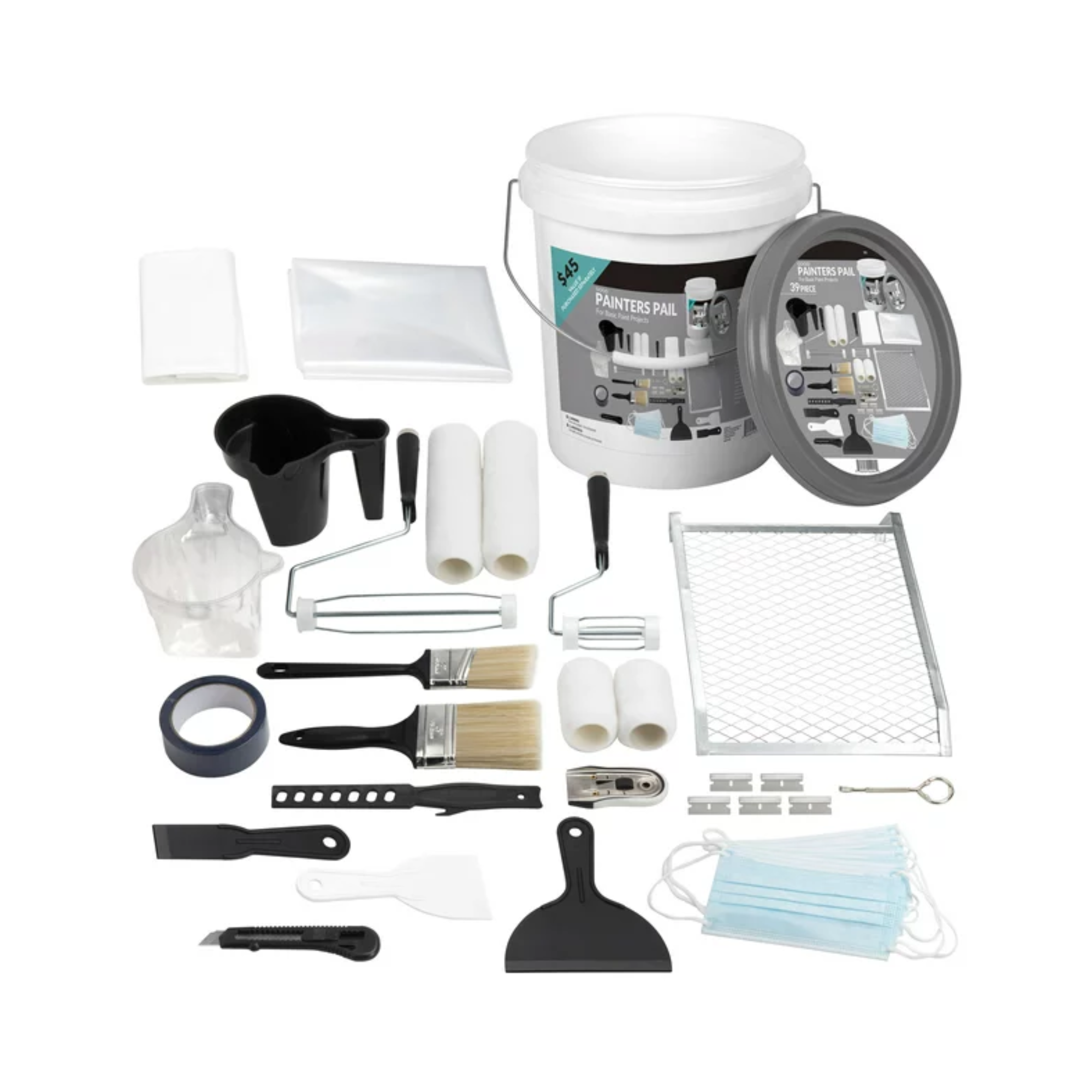 A painting set with rollers, brushes, buckets and more